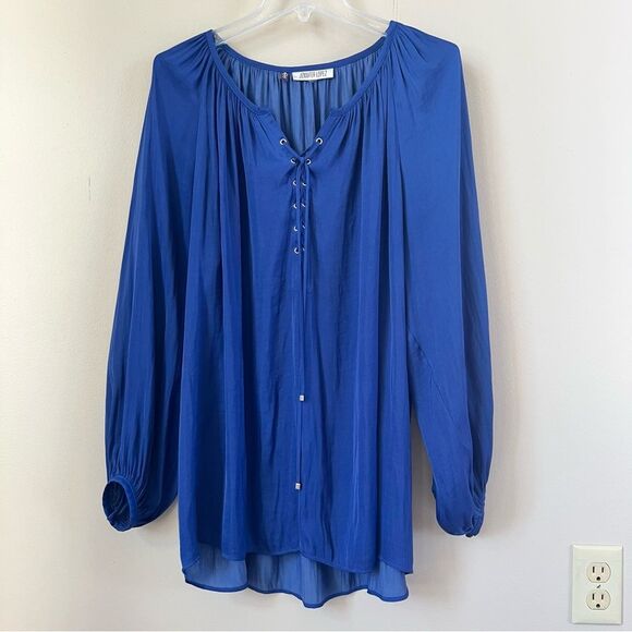 Jennifer Lopez Cobalt Puff Sleeve Tie Front Peasant Blouse Tunic Blouse SZ 2X - Picture 1 of 8